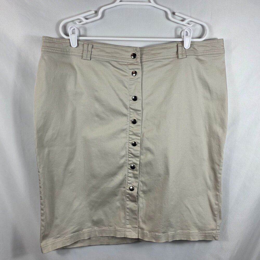 CJ Banks Khaki Skirt Women's Size 1X Snap Front Knee Length Beige Tan
